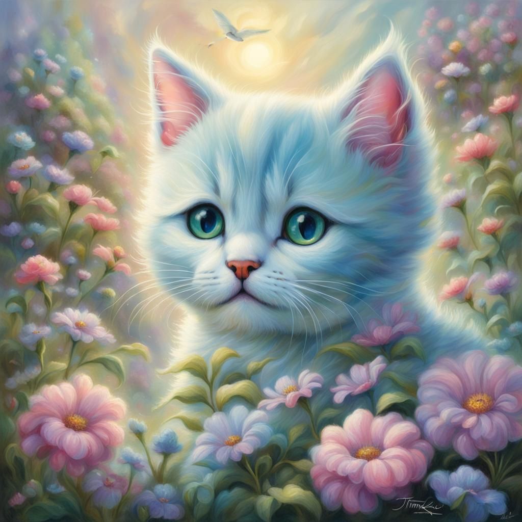 Cute Fantasy Kitten Portrait in Ethereal Pastel Style