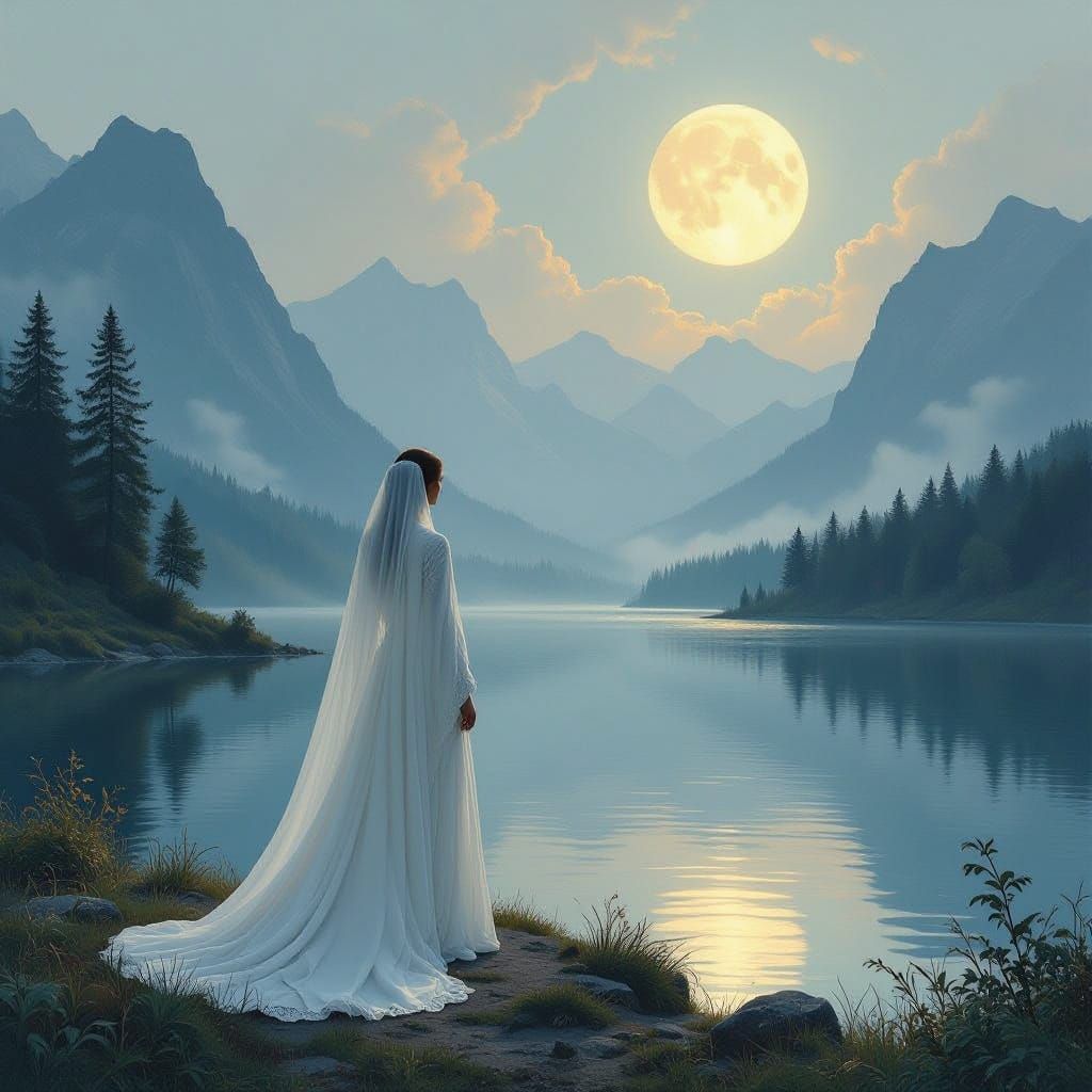 Mystical Woman Under Full Moonlit Dawn
