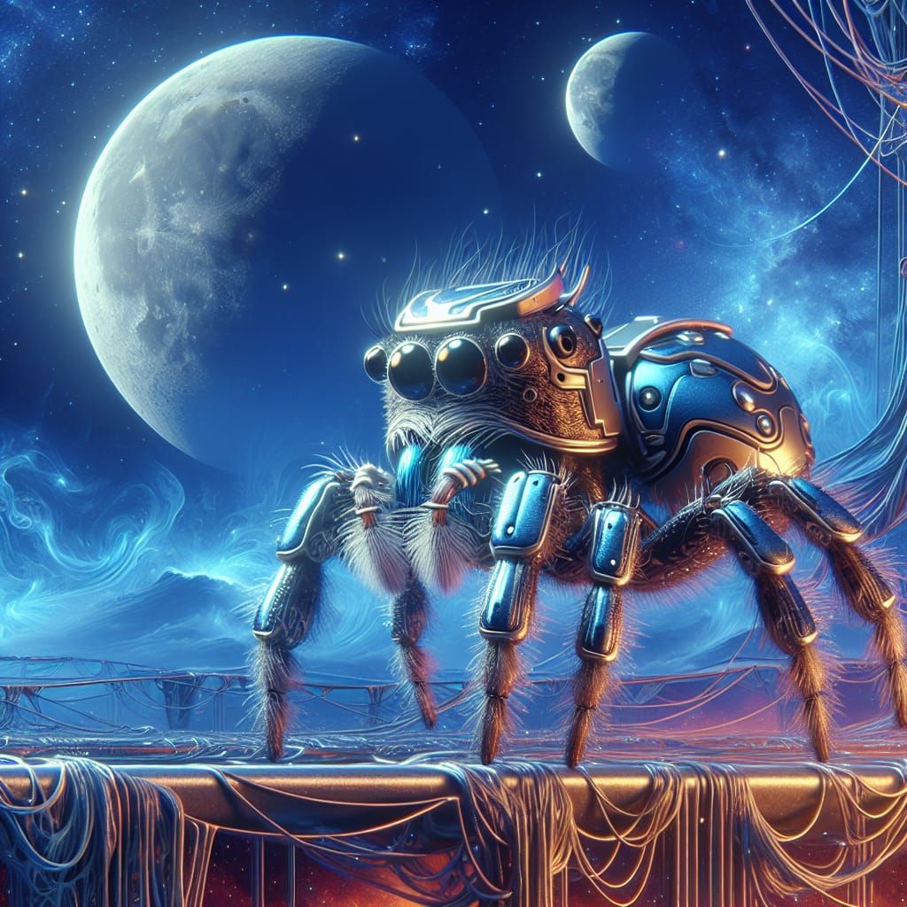 Jumping Spider in Armor Under Surreal Moons