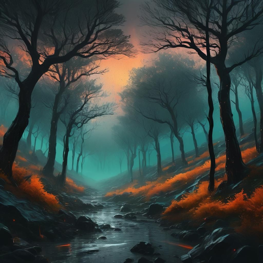 Rainy Hillside with Trees in Atmospheric Concept Art