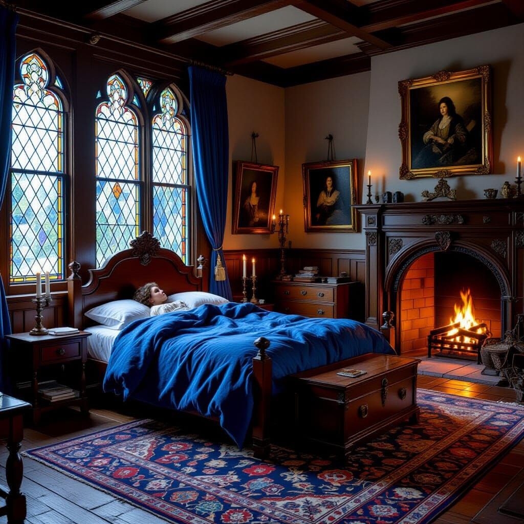 Medieval Bedroom with Stained Glass Window, Painterly Style