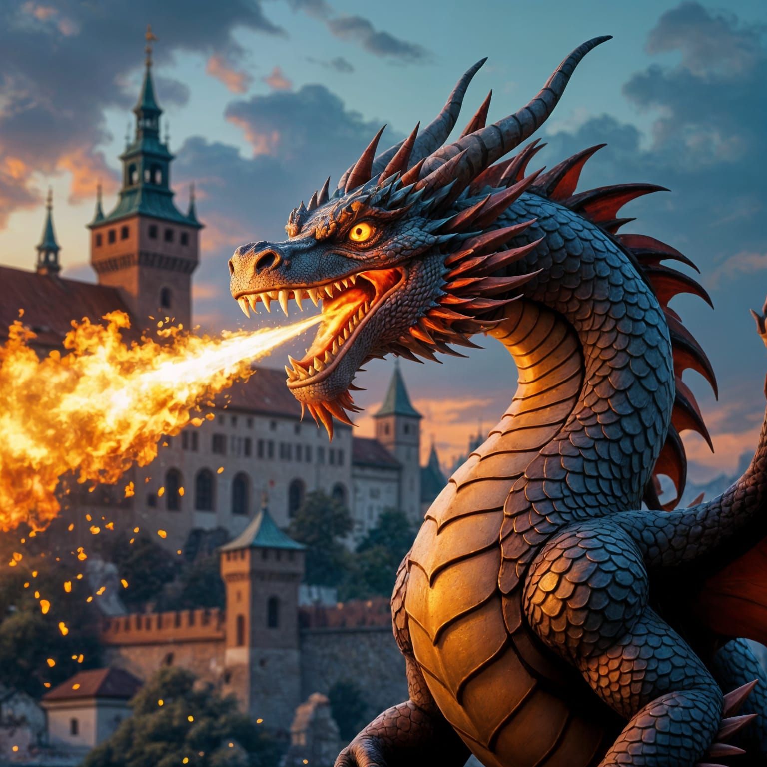Fierce Polish Dragon Breathes Fire in Wawel Castle Cave