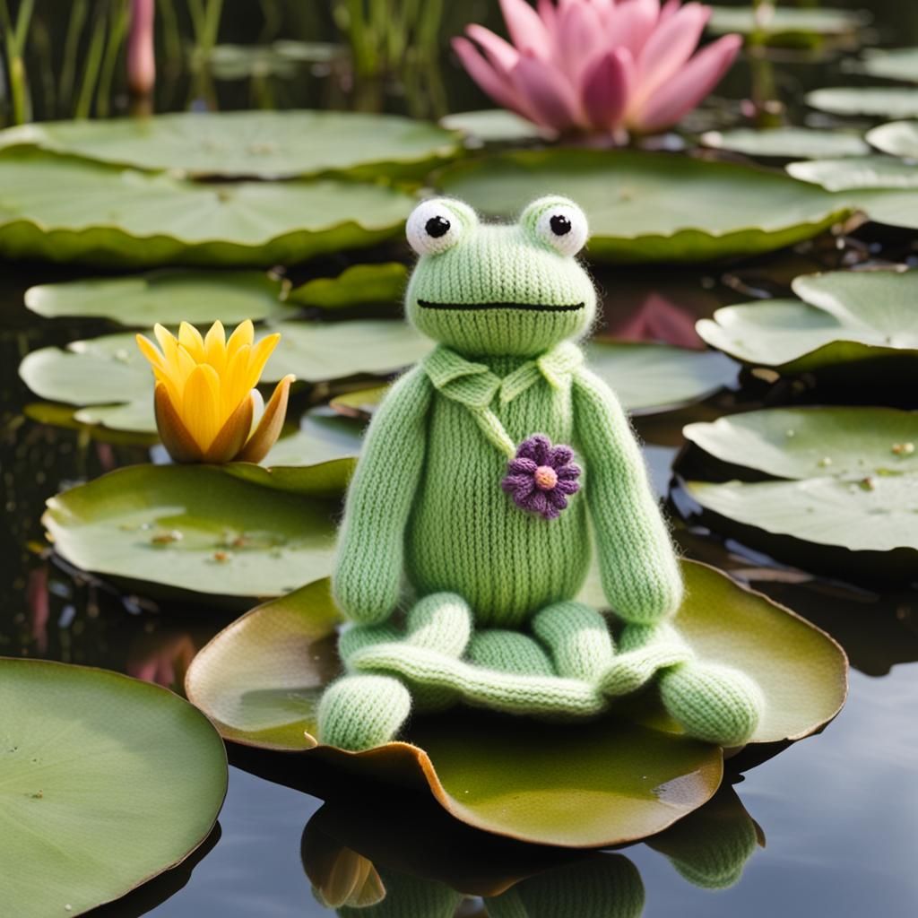 Knitted Frog in Pajamas on Lily Pad
