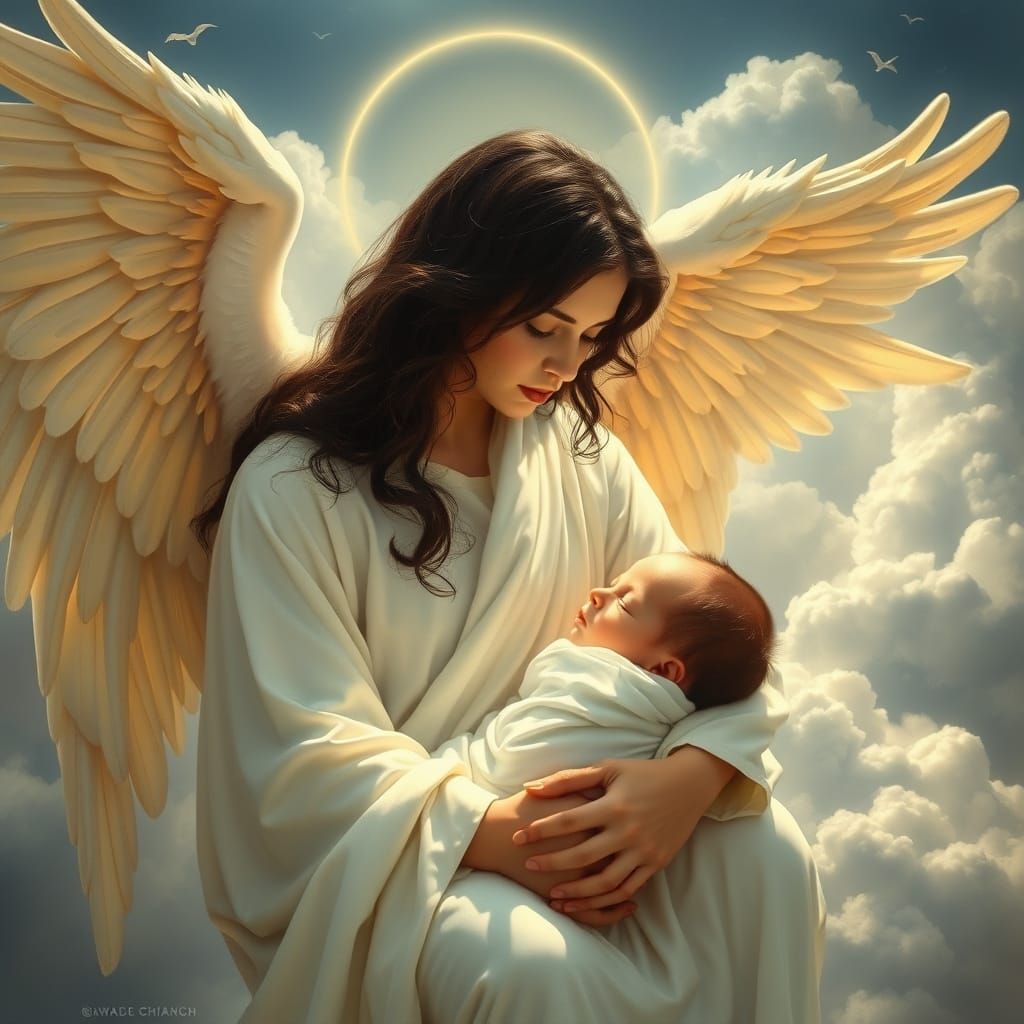 Sorrowful Angel Gently Holds Newborn in Soft Focus Heaven