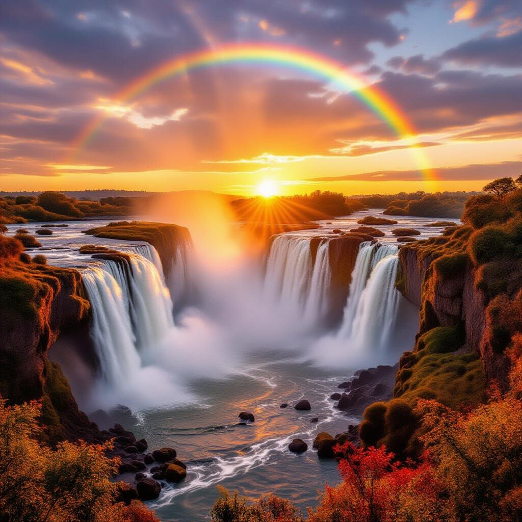 Victoria Falls in Autumn Sunrise with Rainbow