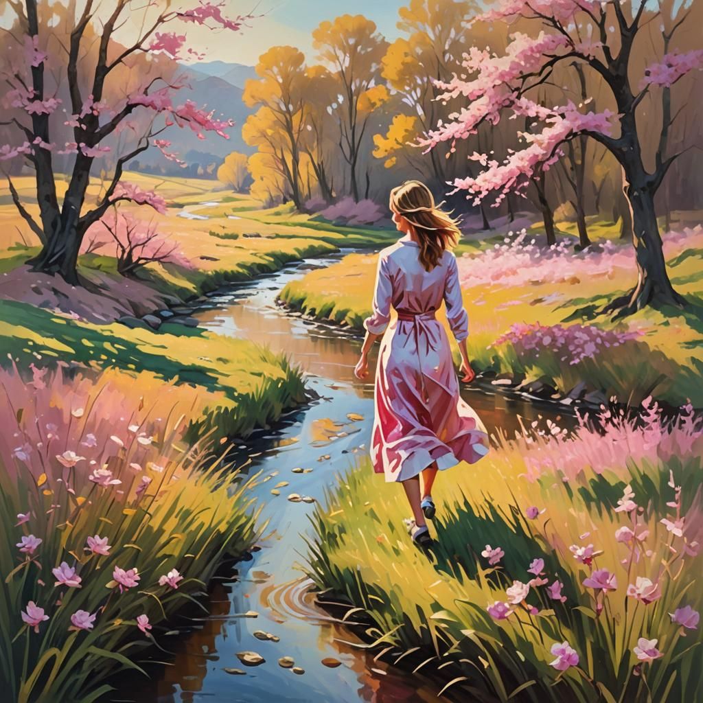 Woman in Golden Field: Impressionist Oil Painting