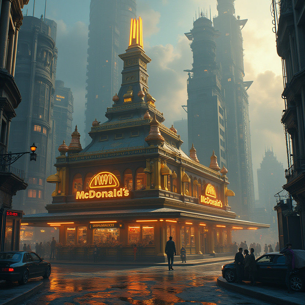 Golden McDonald's in Dystopian Cityscape