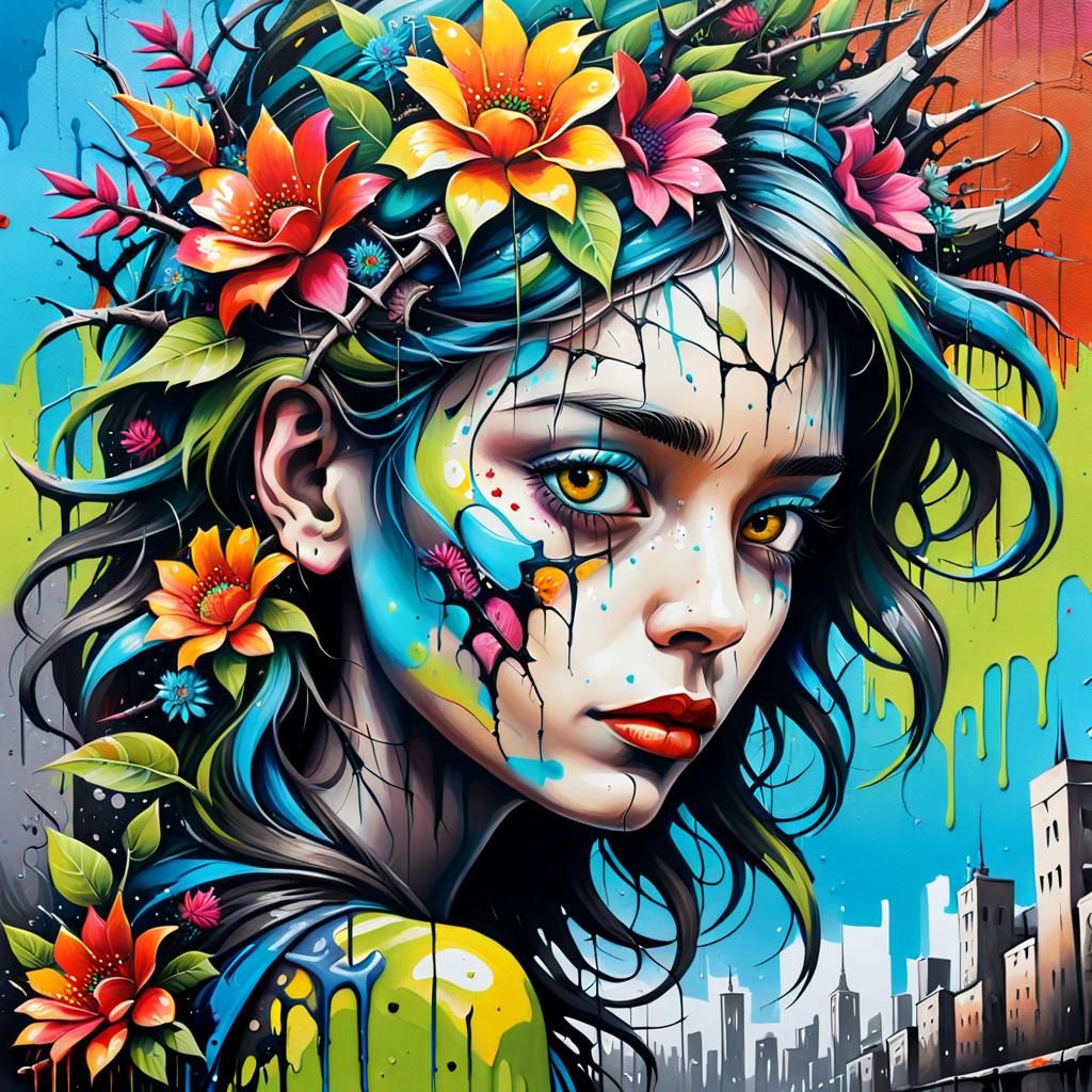 Surreal Floral Portrait in Graffiti Art Style