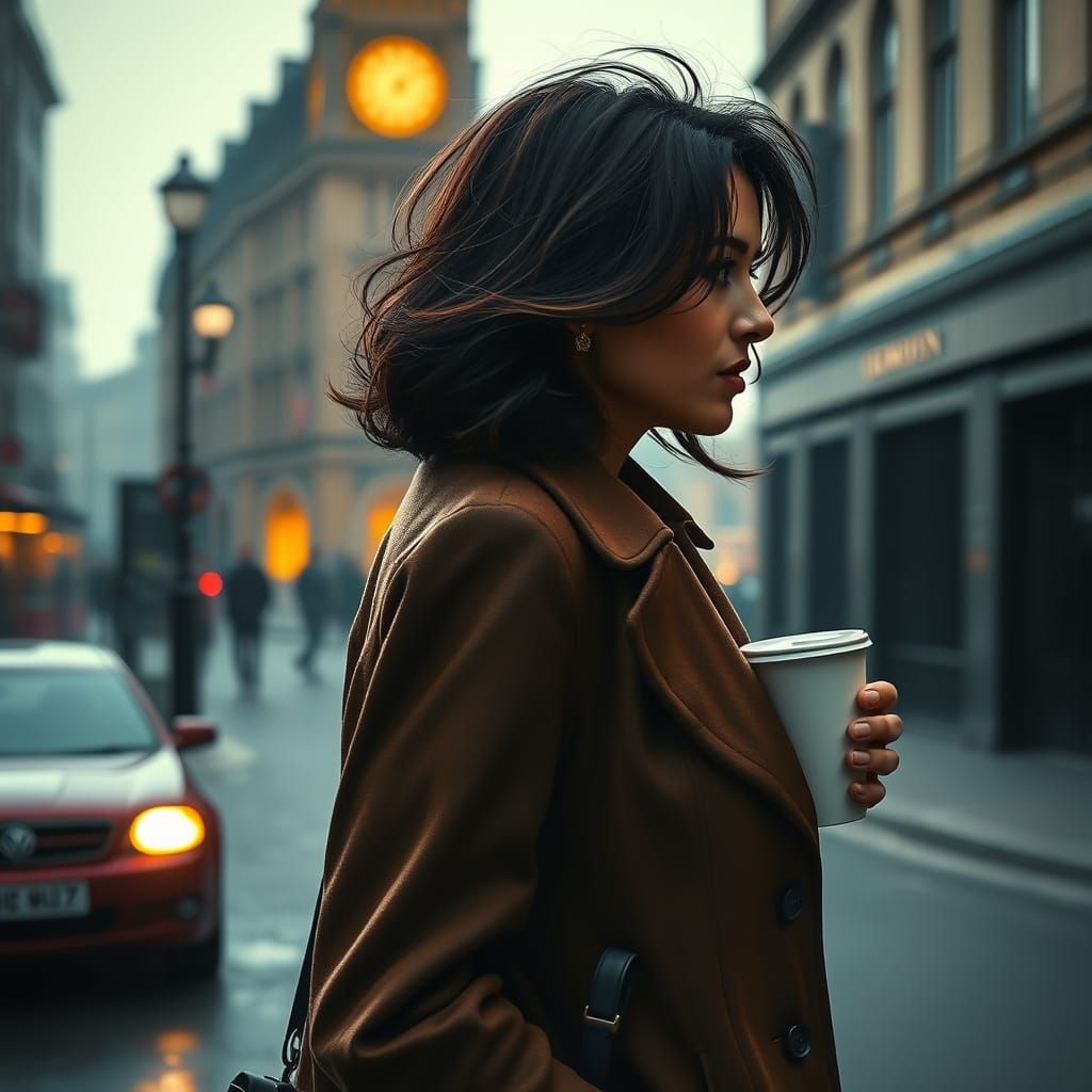 Elegant Lady Strolling by Big Ben in Triadic Colors