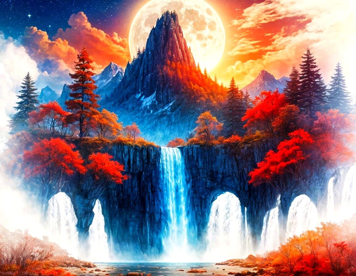Majestic Waterfall Under Ethereal Red Moonlit Sky