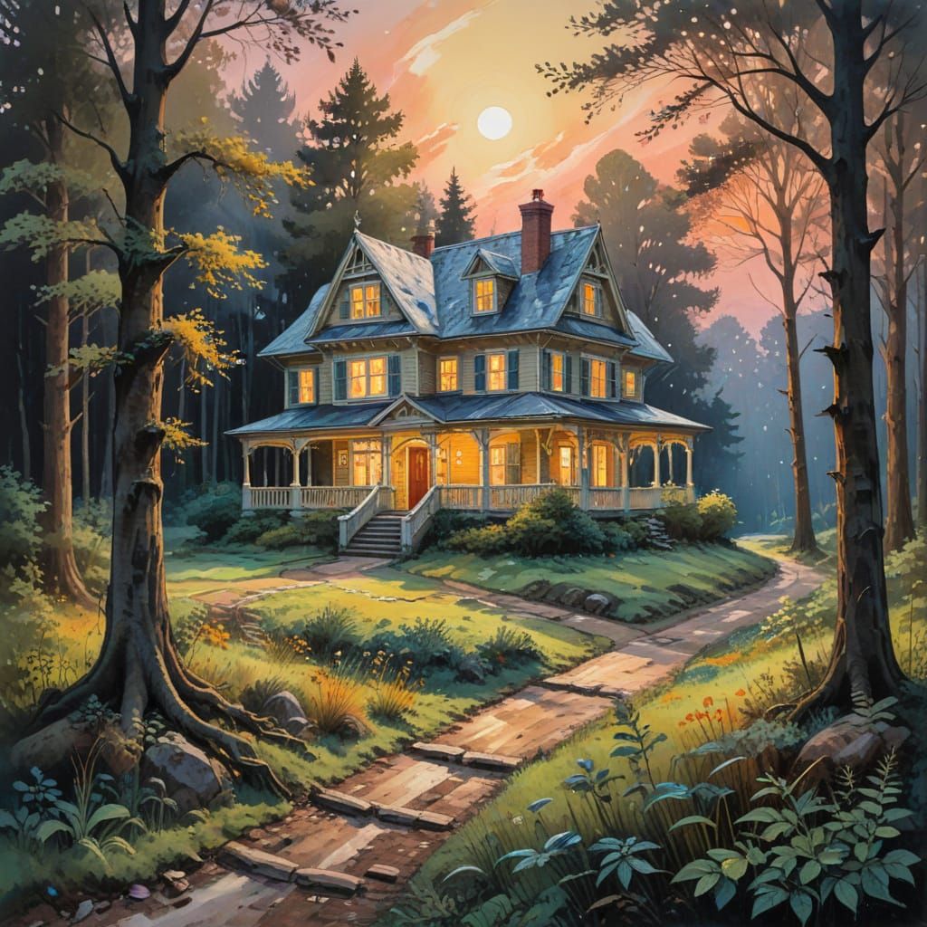 Woods with clearing, lovely house.