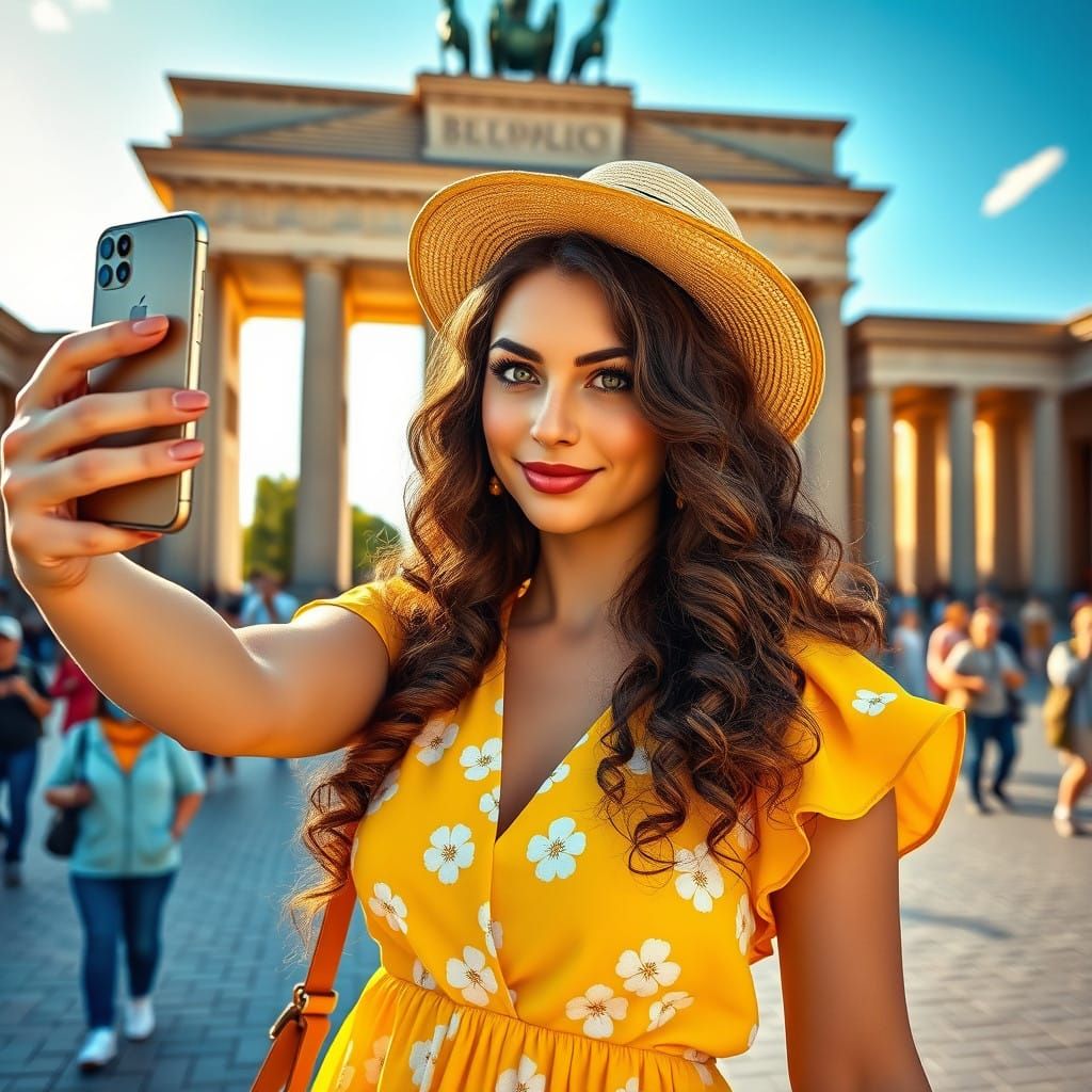 A Woman Takes a Selfie in Front of the Brandenburg Gate in B...