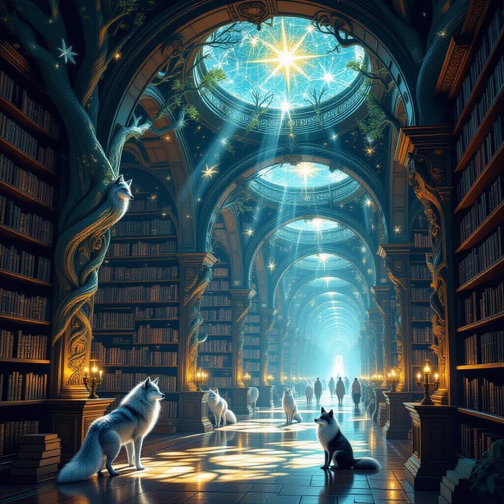Ethereal Library with Spirit Animals in Fantasy Style
