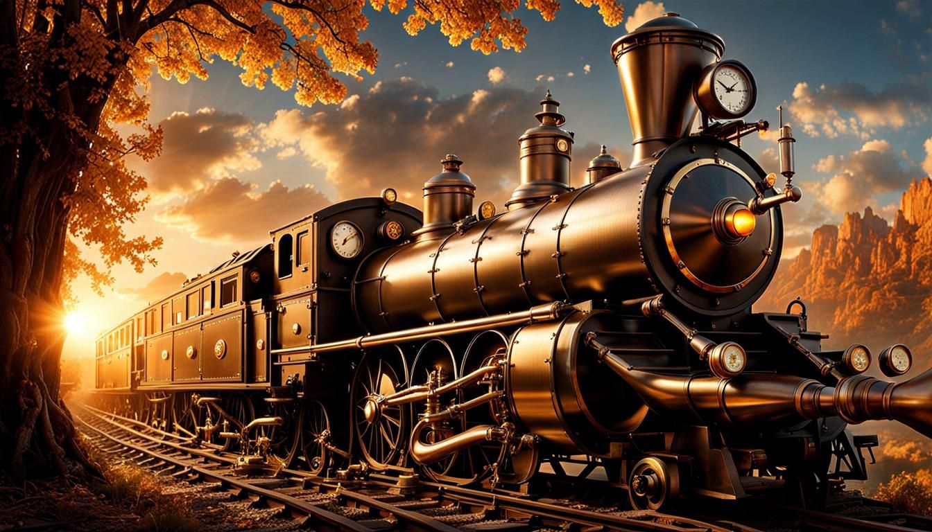 Steampunk Steam Train in Golden Light