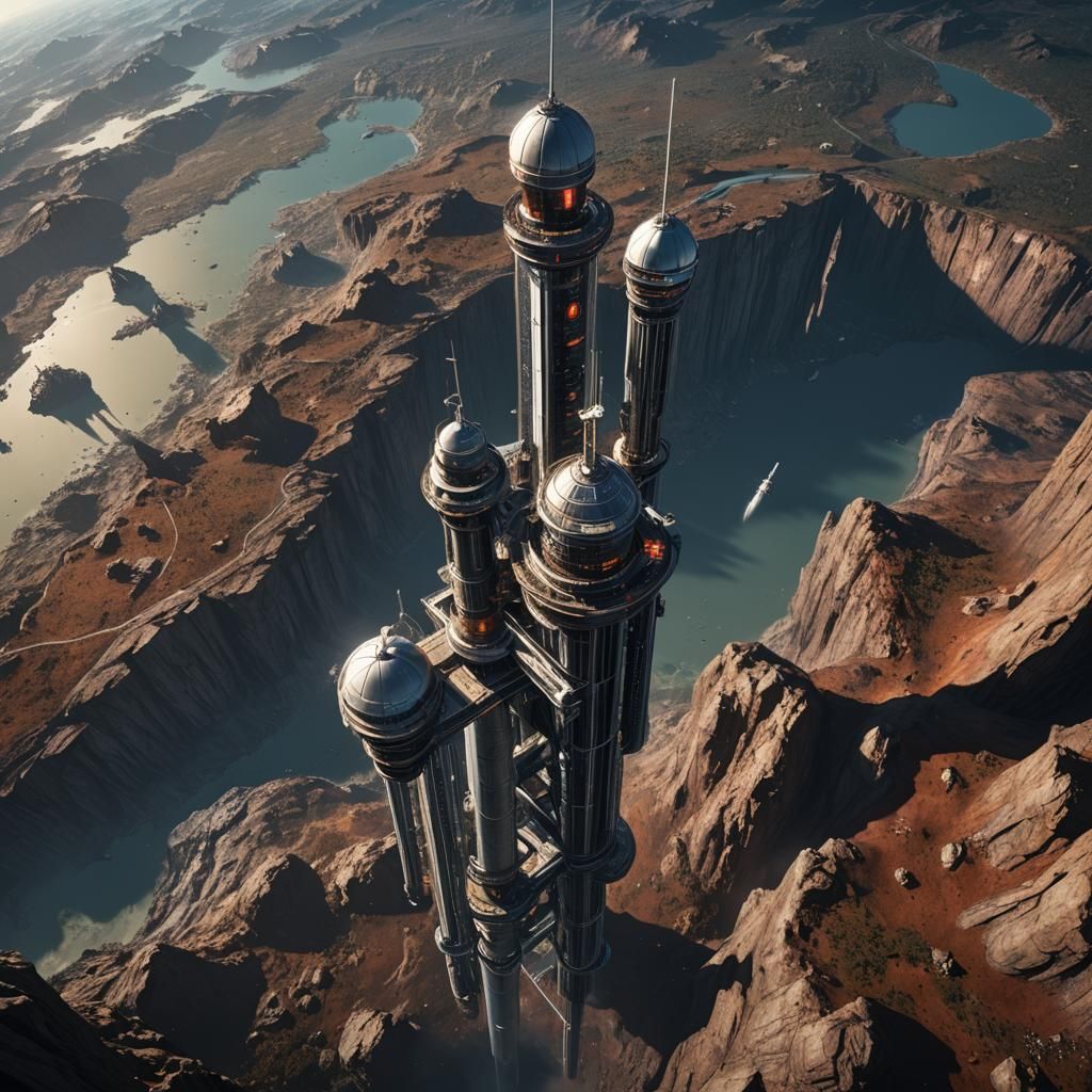A space elevator ascending from a distant planet's surface into orbit