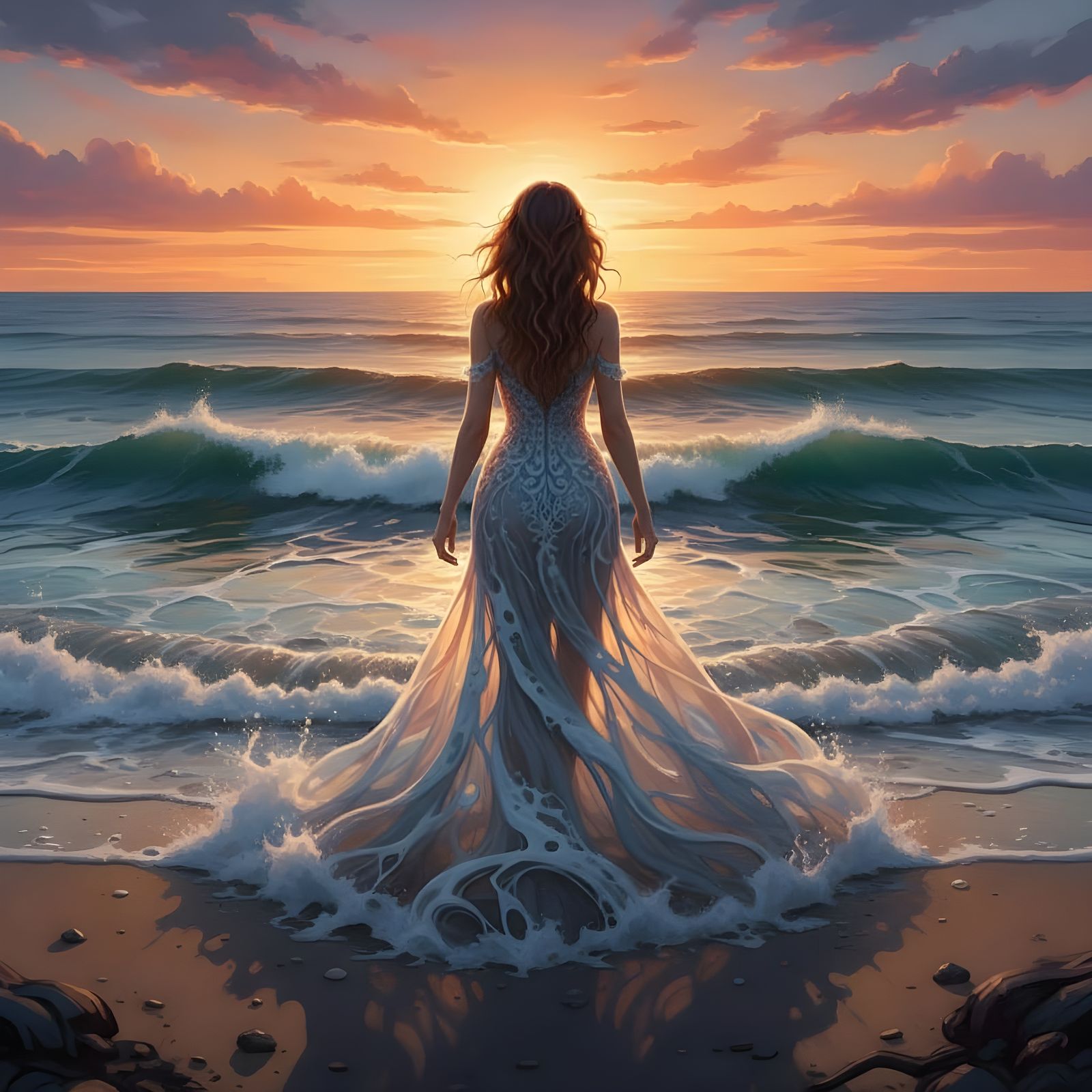 Woman in Ocean Water Dress at Sunset