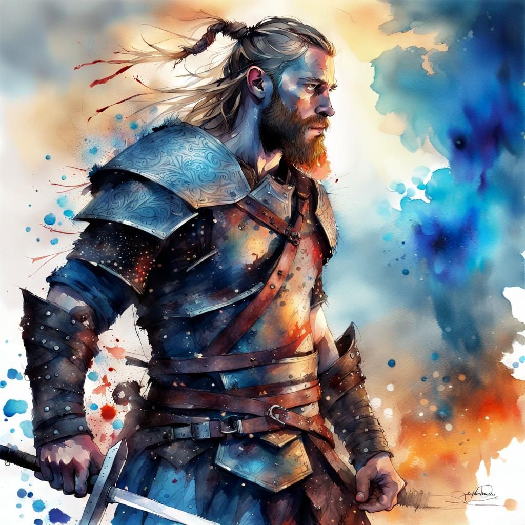 Handsome Viking Warrior in Digital Watercolor Art
