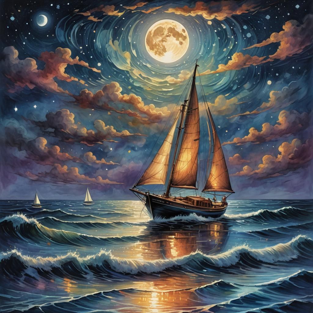 Lonely Sailboat on Moonlit Ocean in Magical Realism