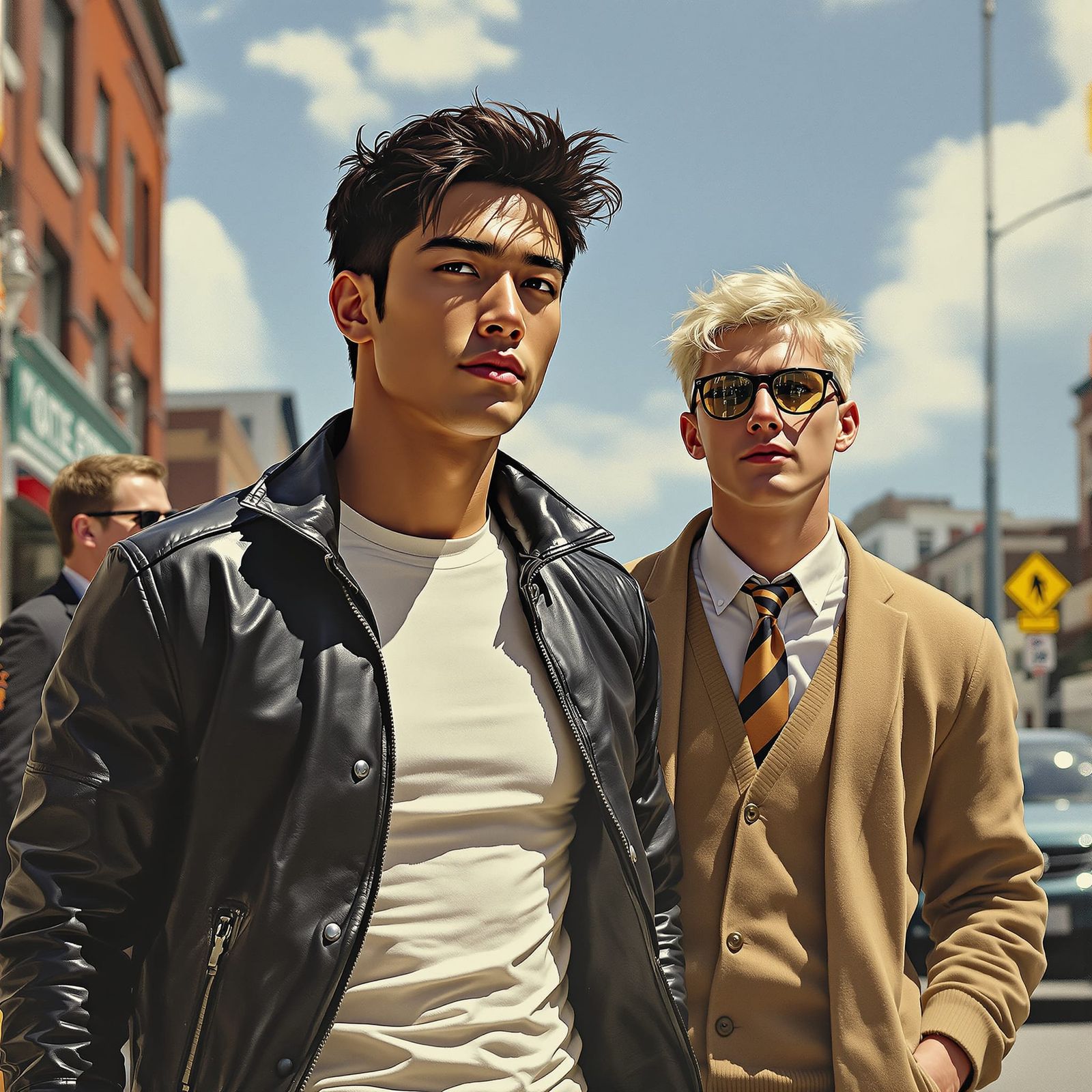 1950s College Men Walk Down Main Street in Hyperrealistic St...