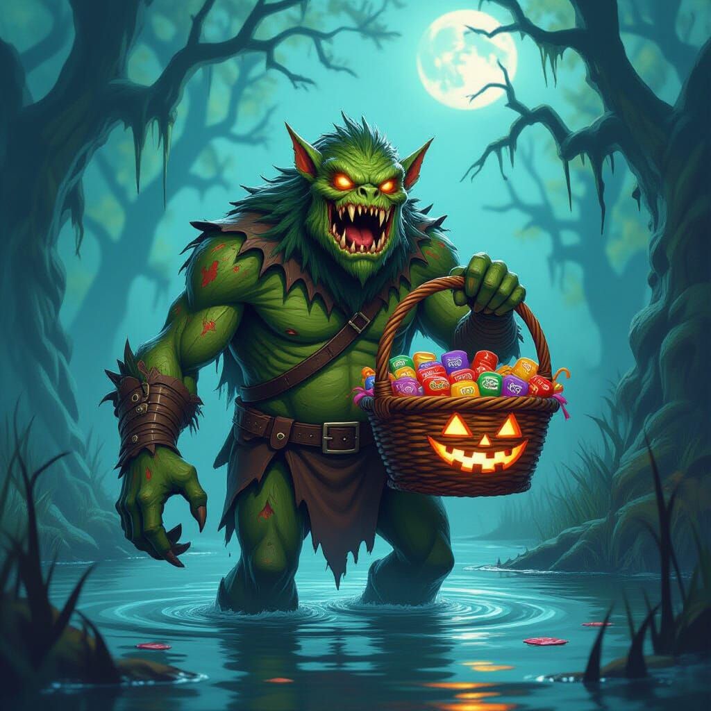 Swamp Monster Offers Halloween Candy in Dark Fantasy Art
