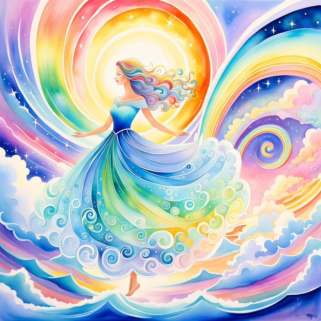 Radiant Woman in Surreal Dreamscape: Watercolor Painting