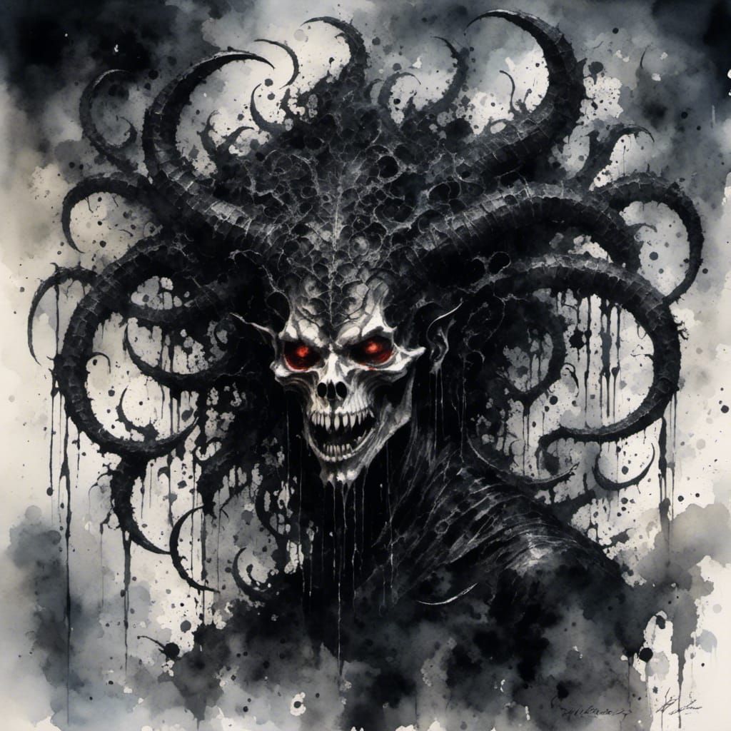 Dramatic Gothic Demon in Watercolor Style