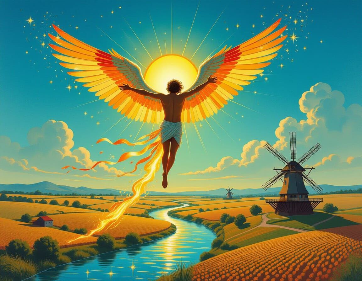 Icarus Soars on Fiery Wings in Dali Dreamscape