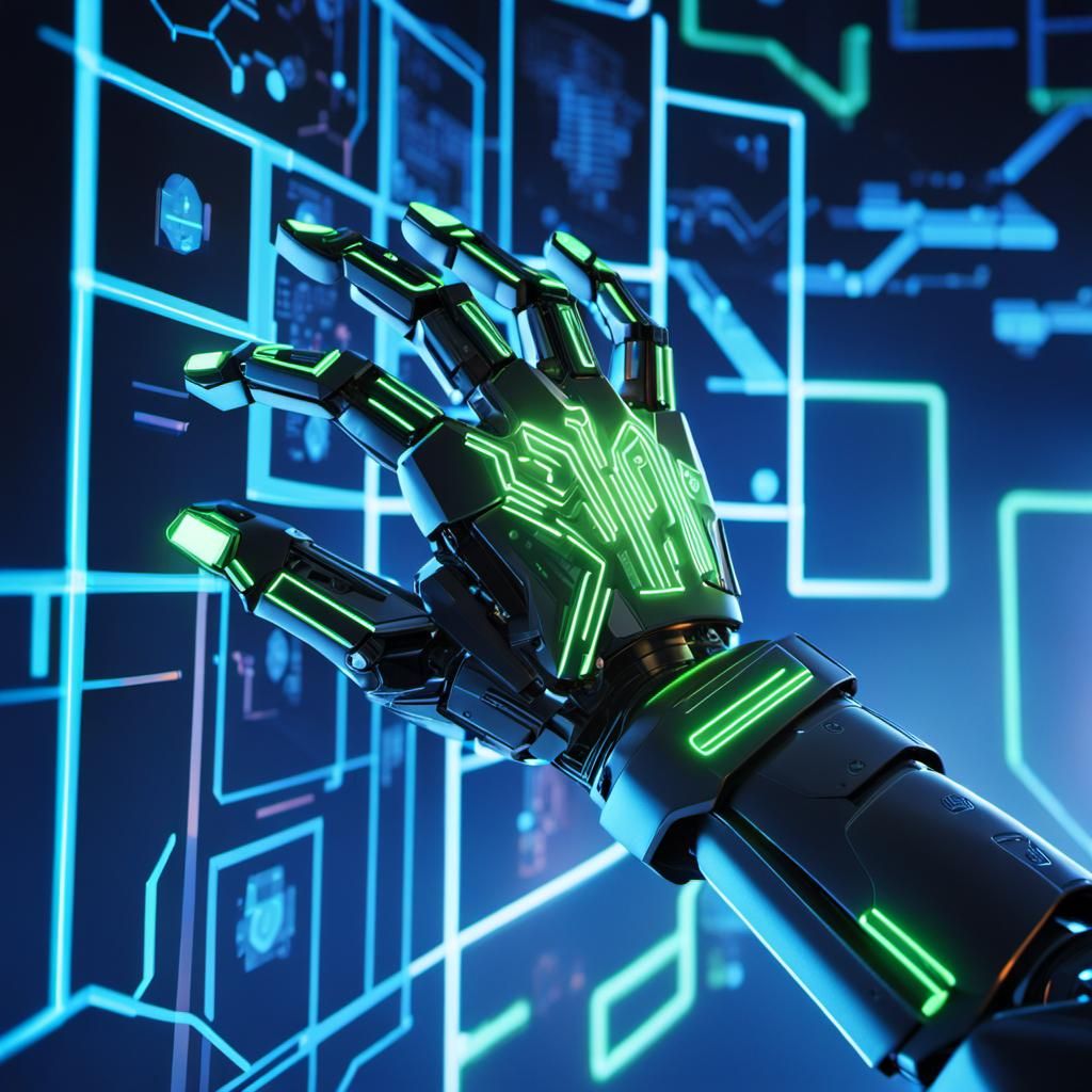 Cyborg Interacting with Virtual Economy Display in Neon Cubi...