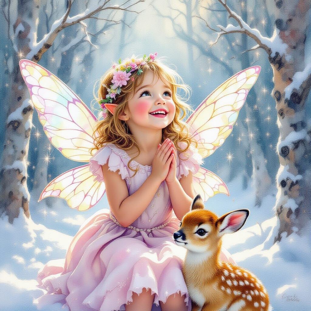 Joyful Fairy Child in Snowy Dream Forest