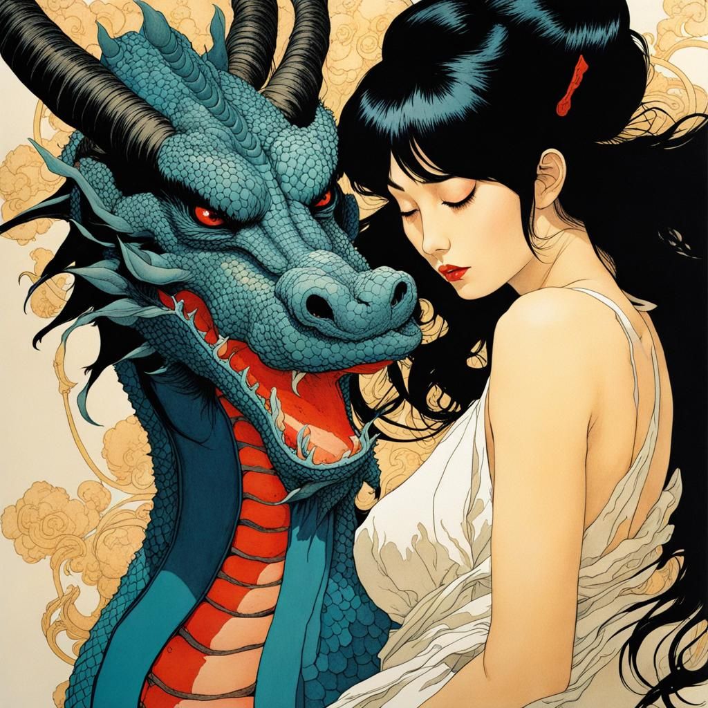 Sensual Japanese Goddess with Dragon, Manga Style
