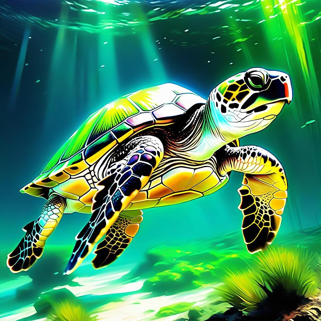 Green Turtle General in Dramatic Oil Painting