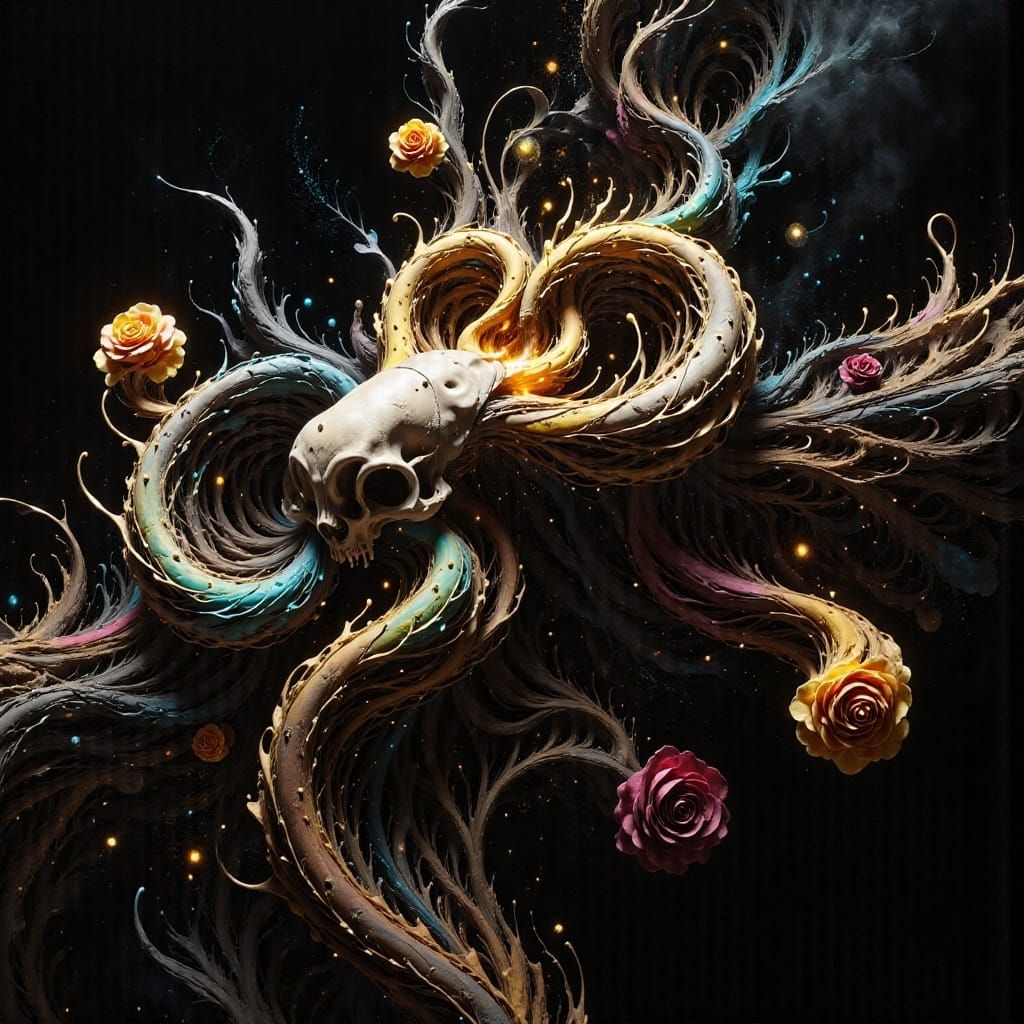 Winged Skull Heart Cross with Flames and Roses