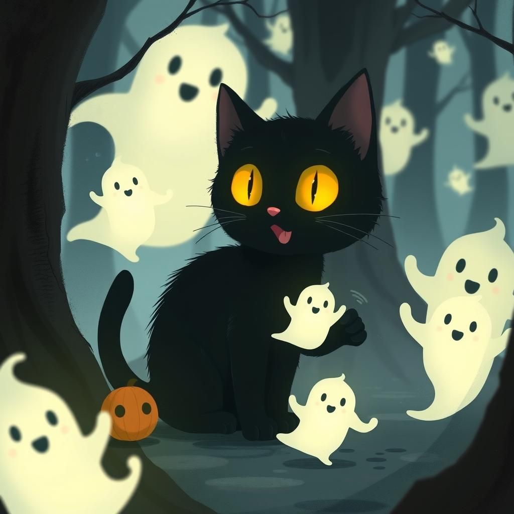 Art by Hayao Miyazaki, a cute black cat with glowing yellow ...