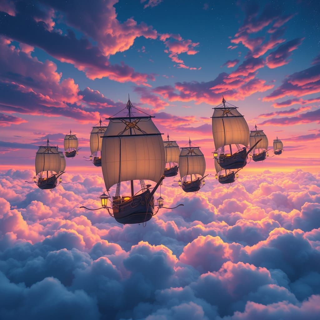 Fantastical Flying Ships Above Luminous Clouds