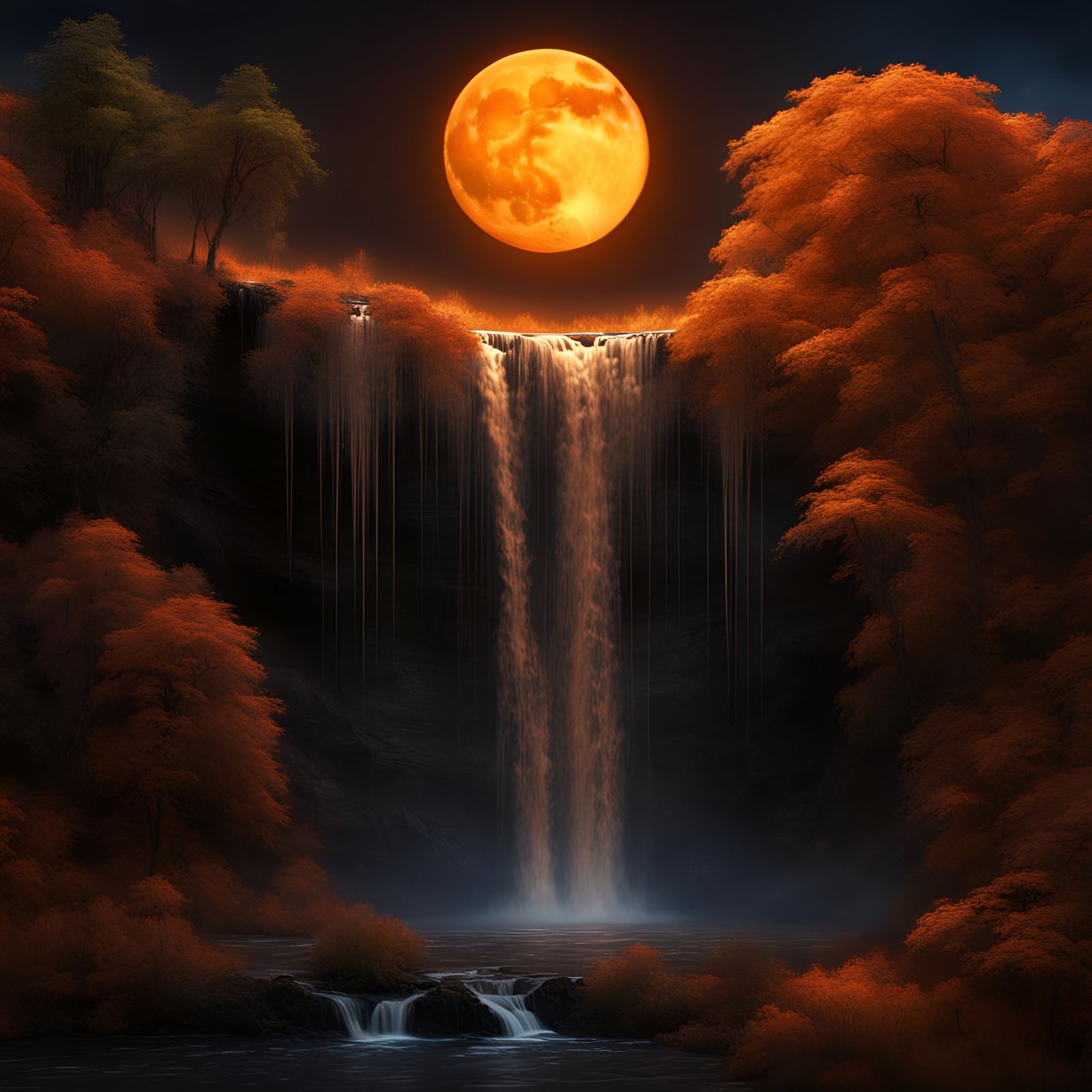 Harvest Moon Illuminates Night Waterfall: Digital Matte Pain...