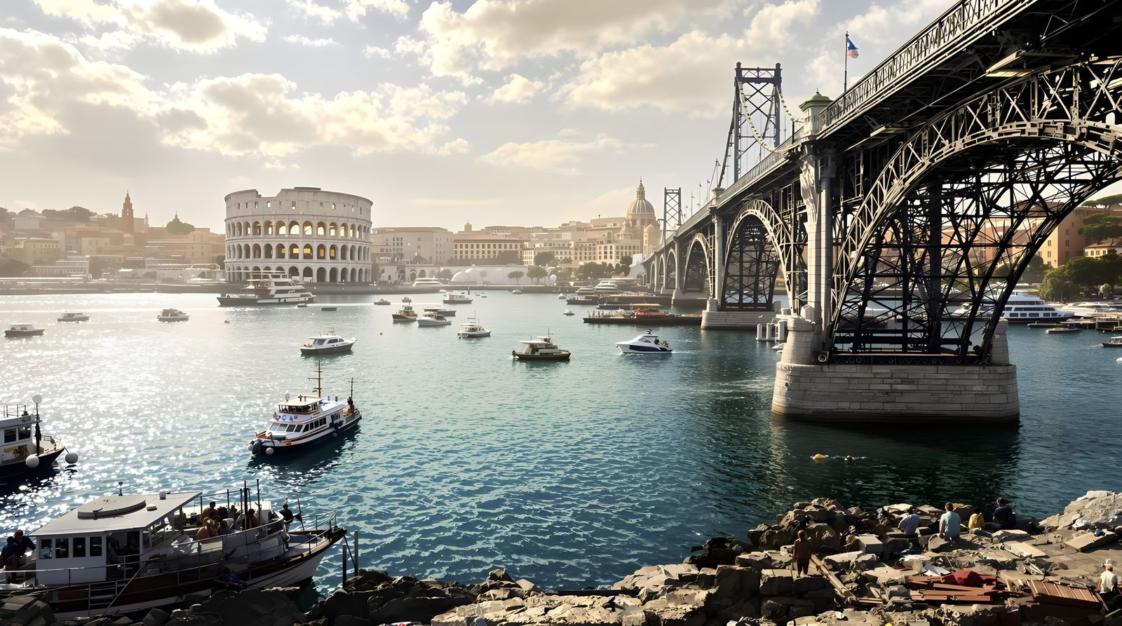 Roman Harbor with Colosseum and Steamboats