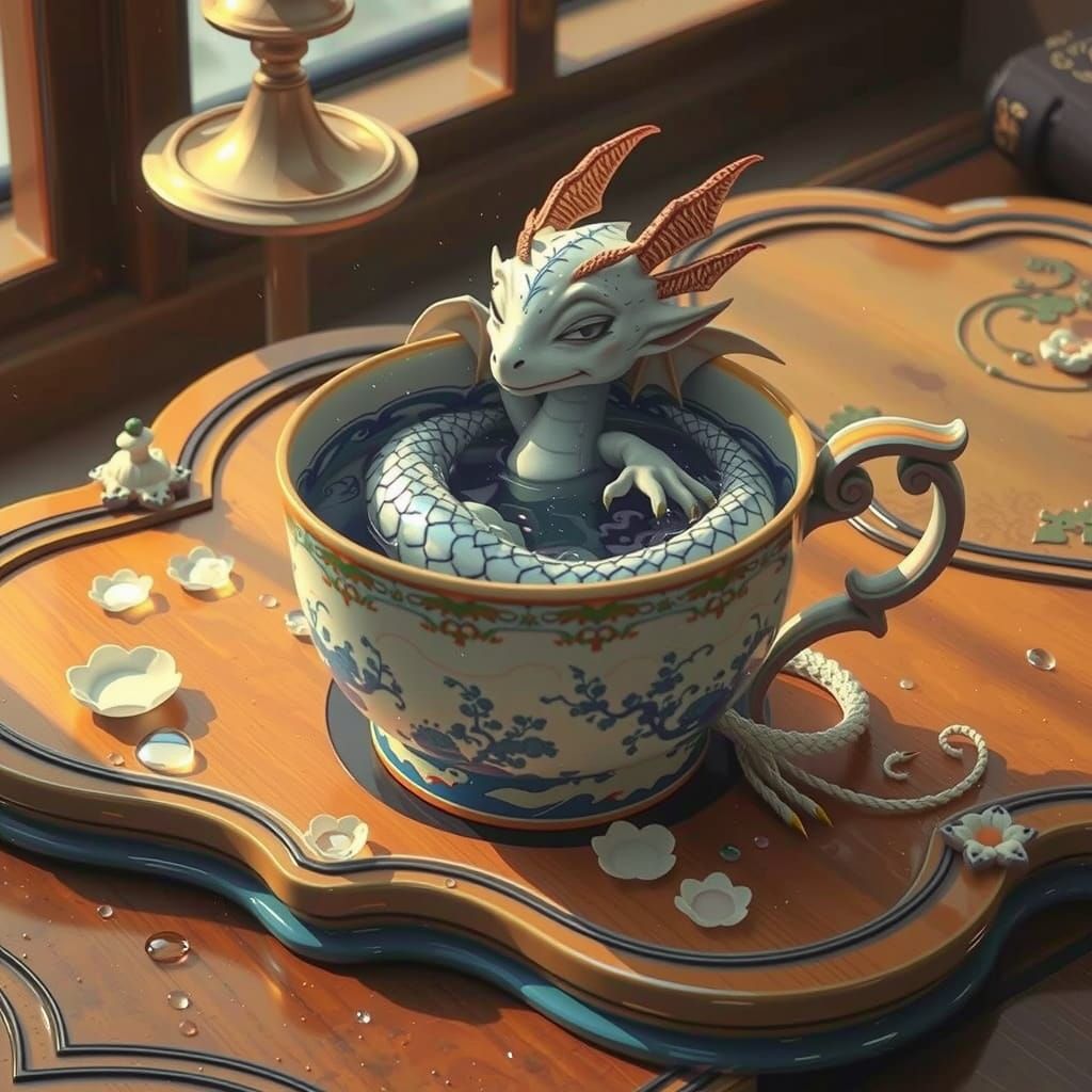 Whimsical White Dragon Bathes in Delicate Porcelain Cup