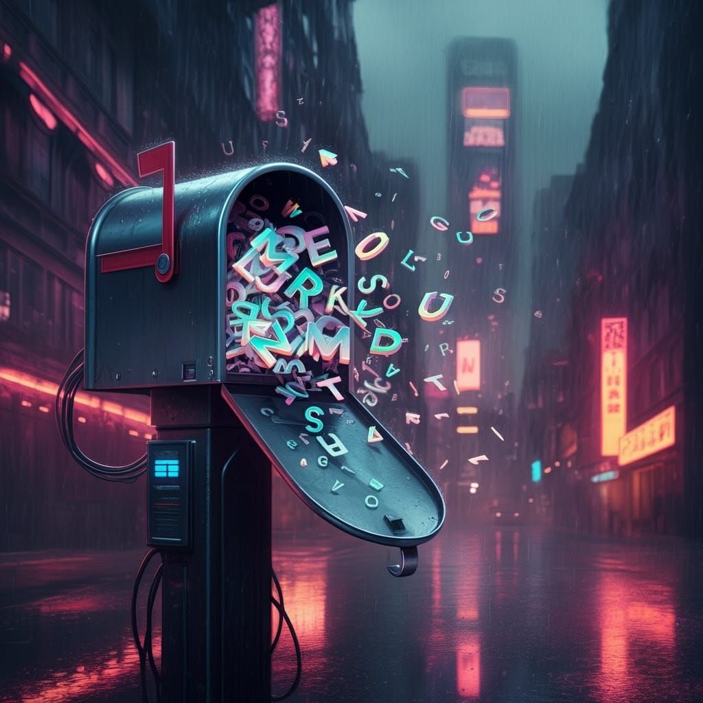 Cyberpunk Mailbox Overflows with Glowing Letters in a Dystop...