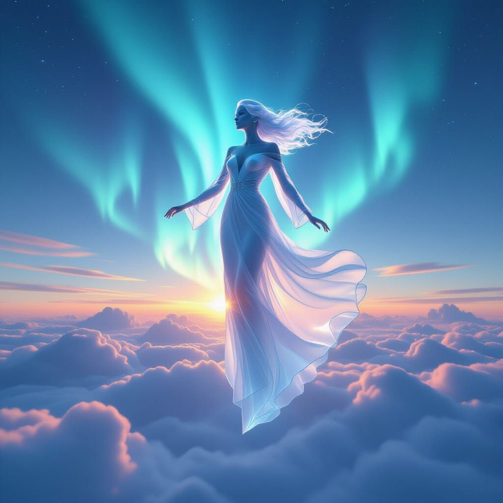 Ethereal Glass Figure in Dreamlike Sky: Digital Art