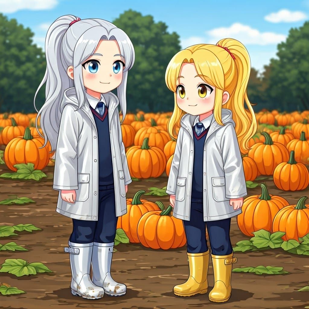Girls Picking Pumpkins at a Muddy Farm