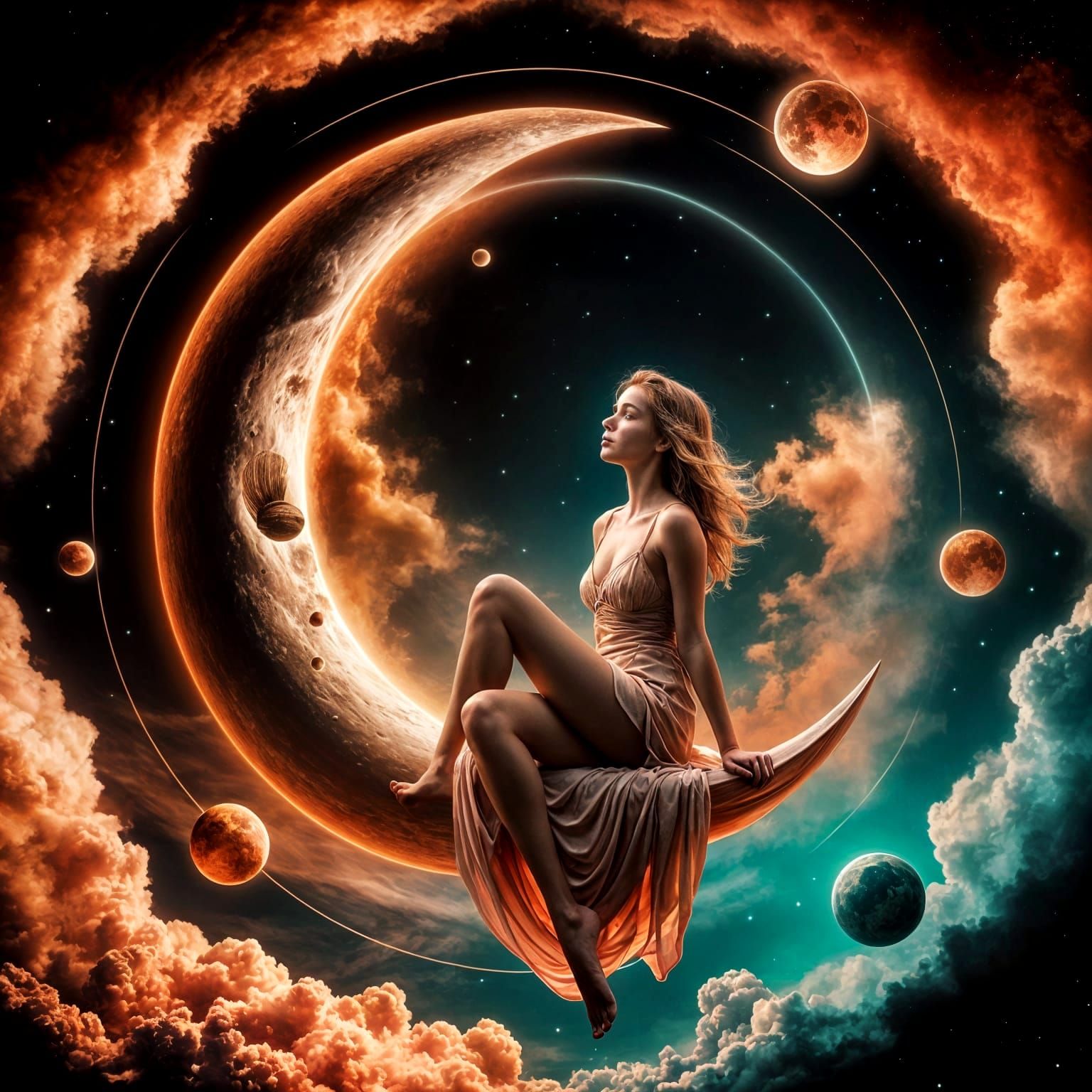Celestial Muse on Crescent Moon in Vibrant Sky