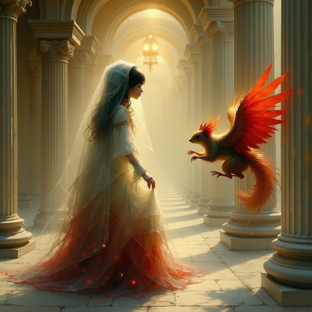 Lady and Winged Phoenix Squirrel in Renaissance Style