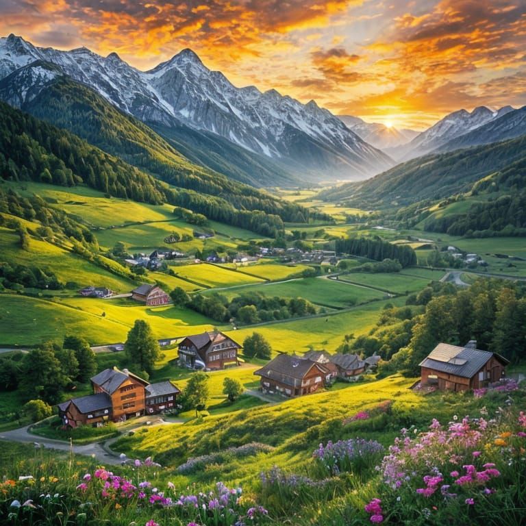 Peaceful Alpine Panorama with Serene Village