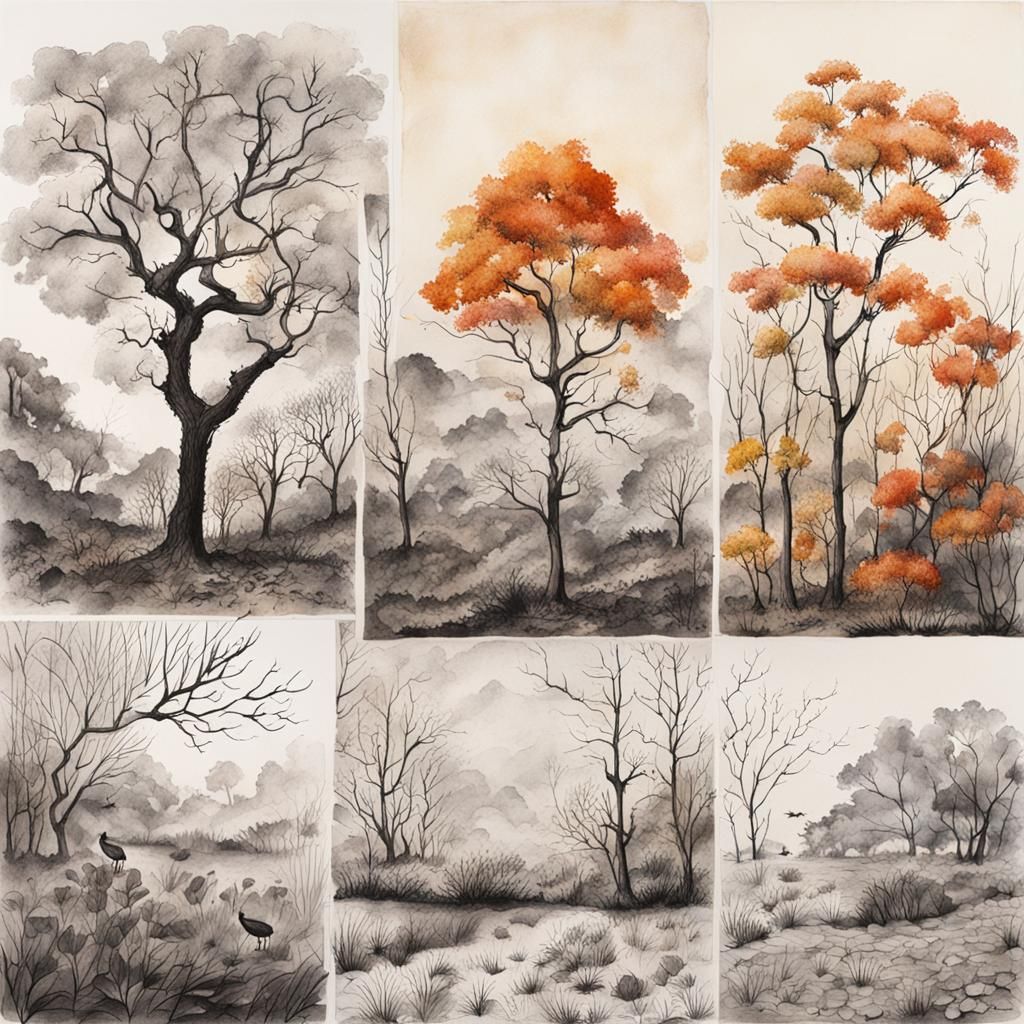 A series of ink drawings representing the botanical changes