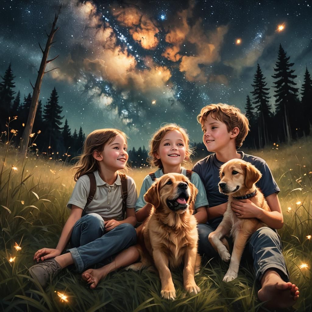 Whimsical Dreamscapes of Two Children and Their Puppy under....