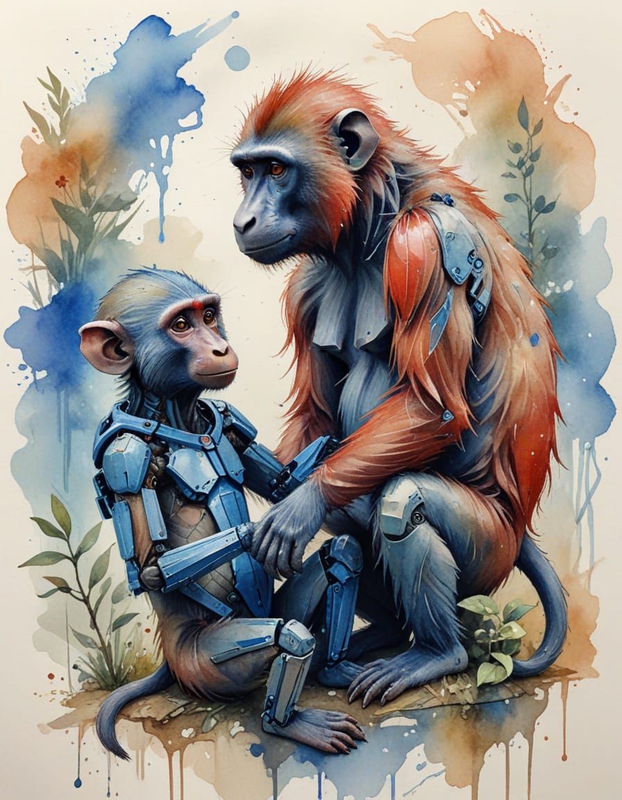 Baboon and Robot Friends in Sketch and Watercolor