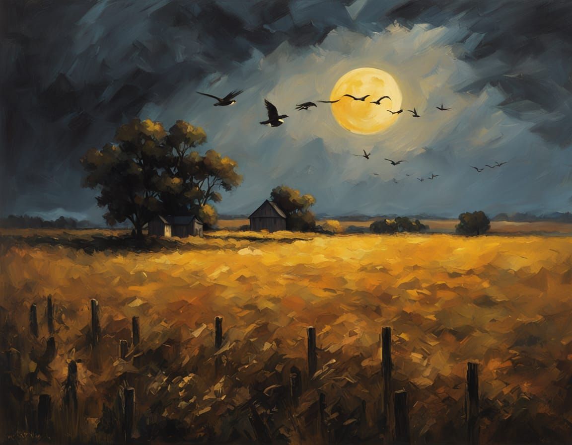 Golden Harvest Moon Over Field As Storm Approaches