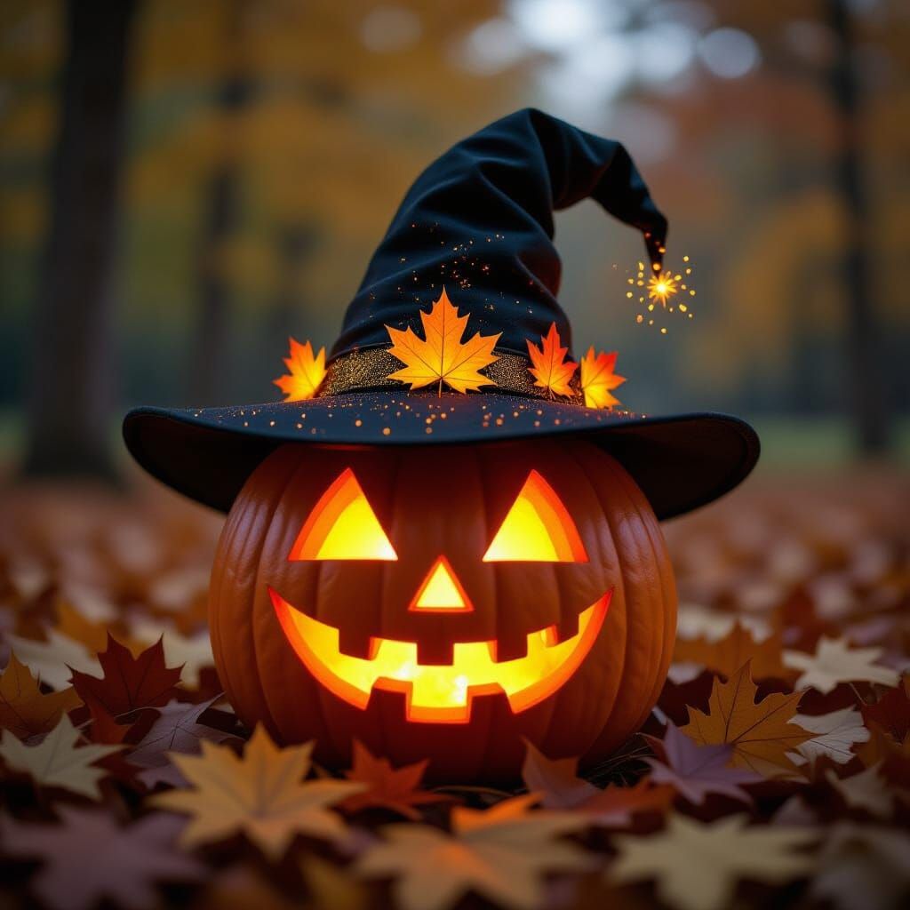 Realistic Jack-o-Lantern in Autumn Leaves with Glowing Vine