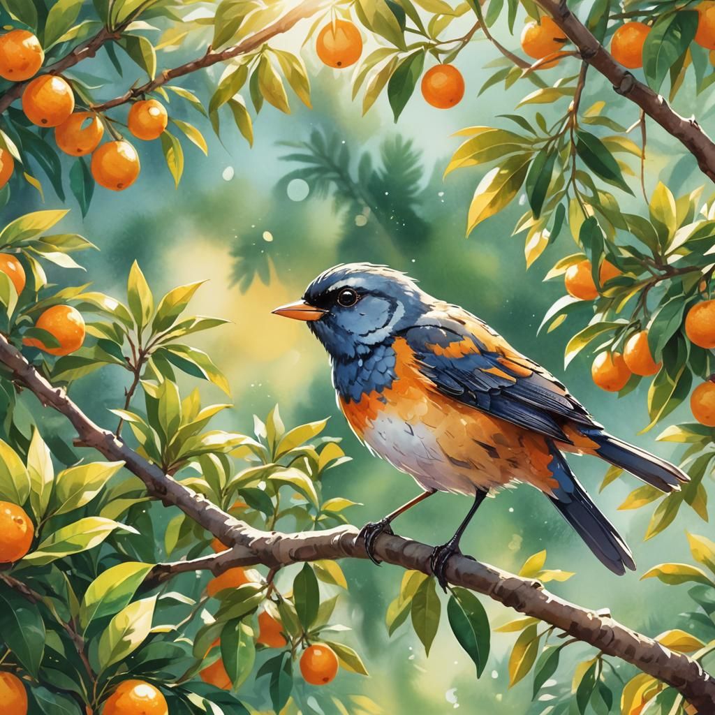 Anime Bird Song in Orange Tree: Watercolor Manga