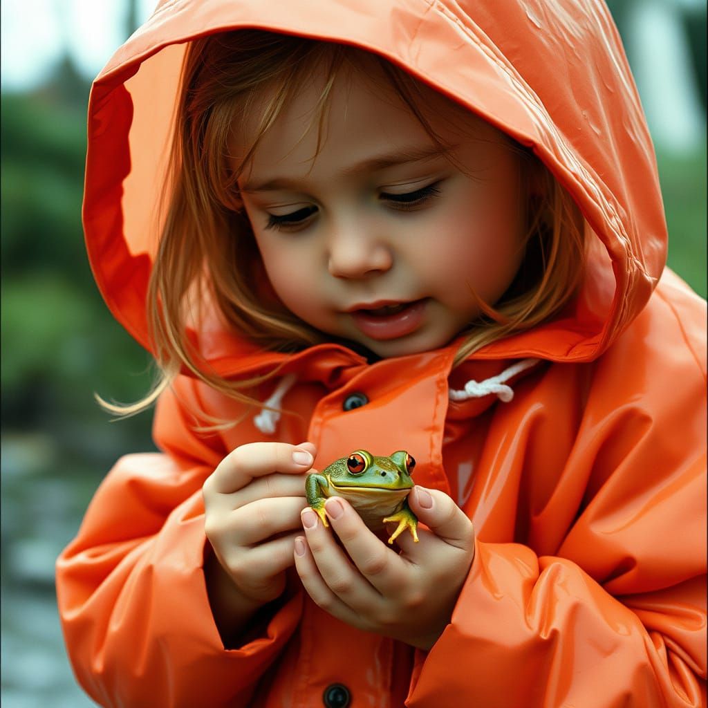 Girl Plays with Frog in Raincoat, Cinematic Film Still